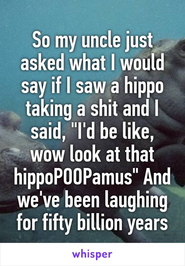 So my uncle just asked what I would say if I saw a hippo taking a shit and I said, "I'd be like, wow look at that hippoPOOPamus" And we've been laughing for fifty billion years