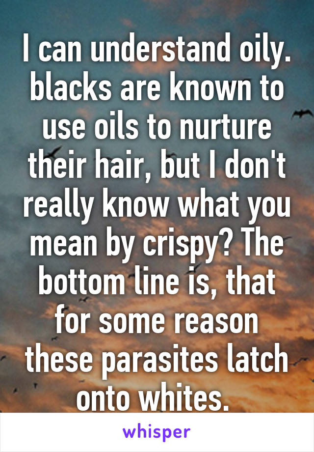 I can understand oily. blacks are known to use oils to nurture their hair, but I don't really know what you mean by crispy? The bottom line is, that for some reason these parasites latch onto whites. 