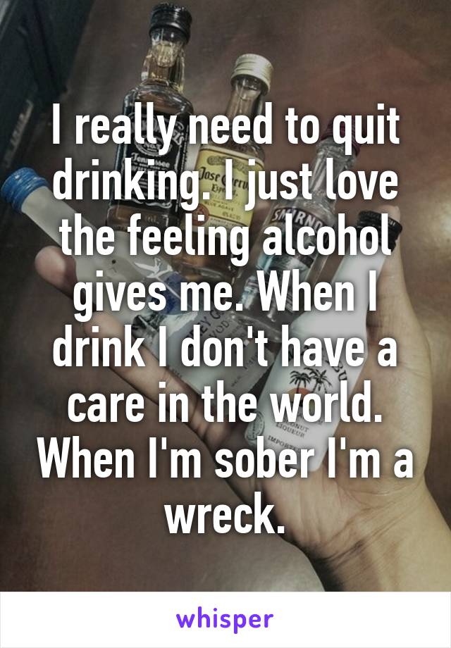 I really need to quit drinking. I just love the feeling alcohol gives me. When I drink I don't have a care in the world. When I'm sober I'm a wreck.