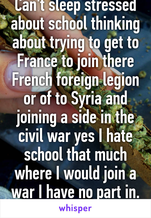 Can't sleep stressed about school thinking about trying to get to France to join there French foreign legion or of to Syria and joining a side in the civil war yes I hate school that much where I would join a war I have no part in. 