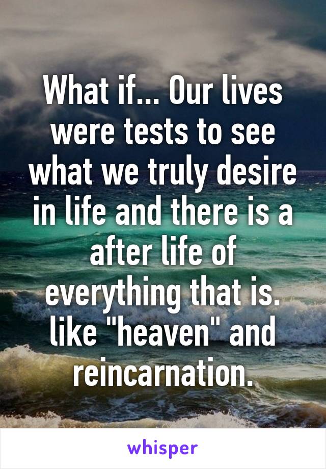 What if... Our lives were tests to see what we truly desire in life and there is a after life of everything that is. like "heaven" and reincarnation.