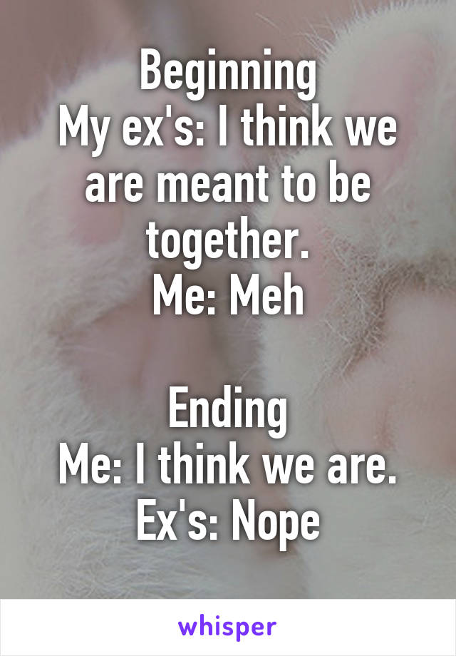 Beginning
My ex's: I think we are meant to be together.
Me: Meh

Ending
Me: I think we are.
Ex's: Nope
