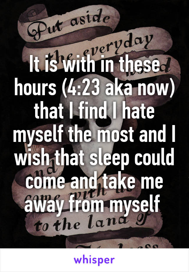 It is with in these hours (4:23 aka now) that I find I hate myself the most and I wish that sleep could come and take me away from myself 