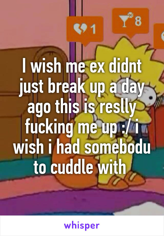 I wish me ex didnt just break up a day ago this is reslly fucking me up :/ i wish i had somebodu to cuddle with 