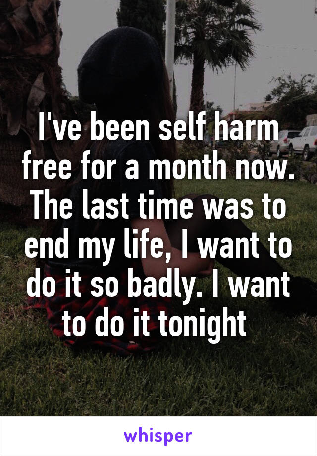 I've been self harm free for a month now. The last time was to end my life, I want to do it so badly. I want to do it tonight 