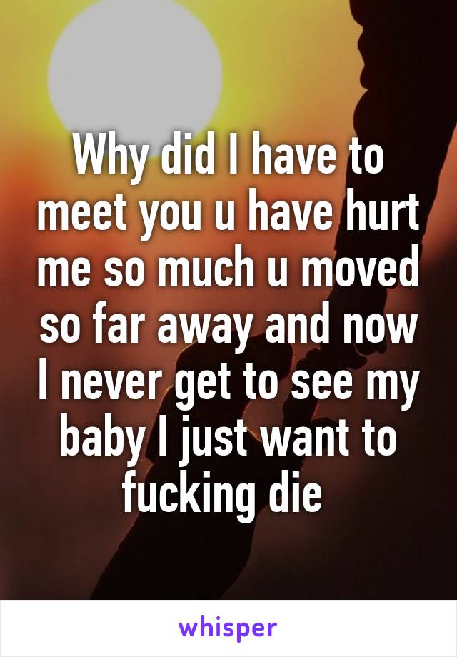 Why did I have to meet you u have hurt me so much u moved so far away and now I never get to see my baby I just want to fucking die 