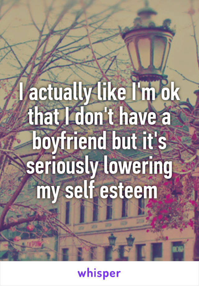 I actually like I'm ok that I don't have a boyfriend but it's seriously lowering my self esteem 