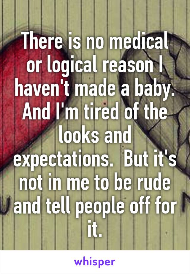 There is no medical or logical reason I haven't made a baby. And I'm tired of the looks and expectations.  But it's not in me to be rude and tell people off for it.