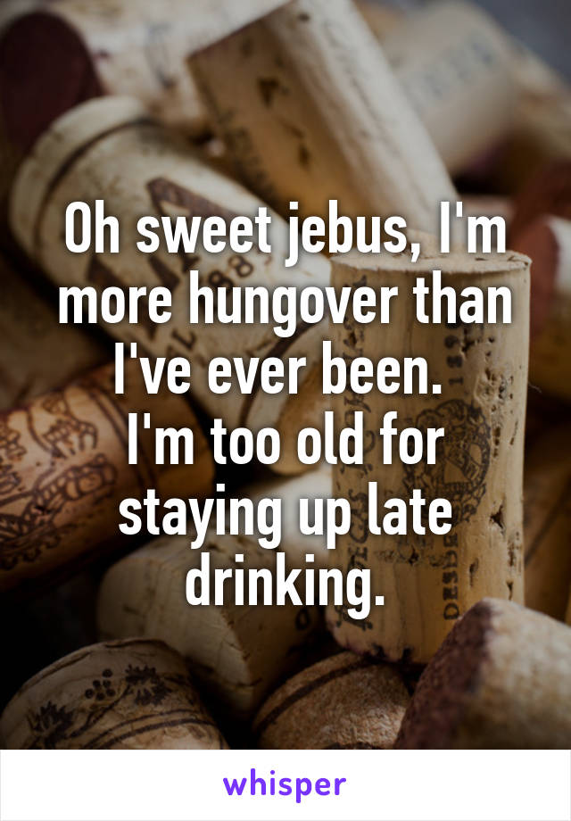 Oh sweet jebus, I'm more hungover than I've ever been. 
I'm too old for staying up late drinking.