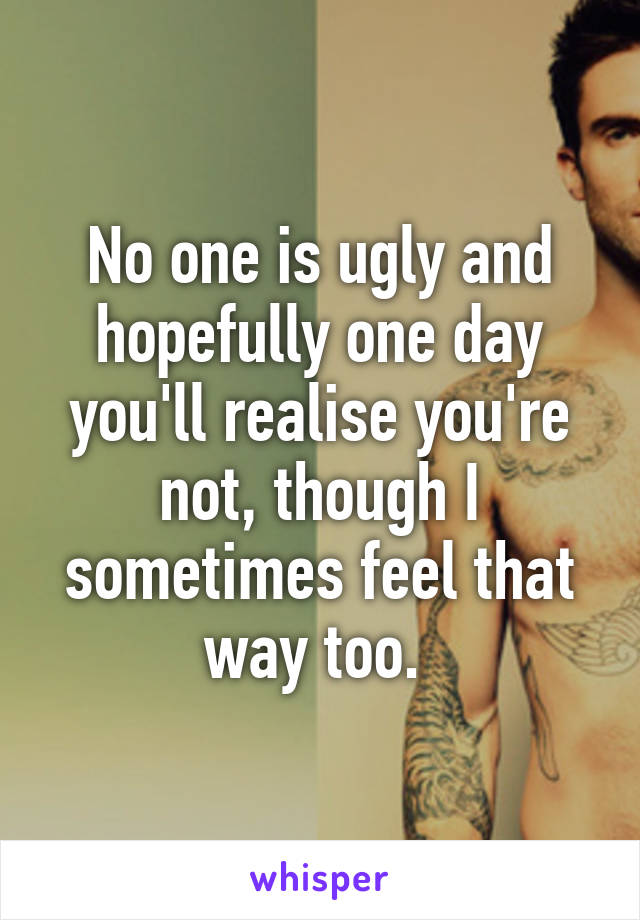 No one is ugly and hopefully one day you'll realise you're not, though I sometimes feel that way too. 