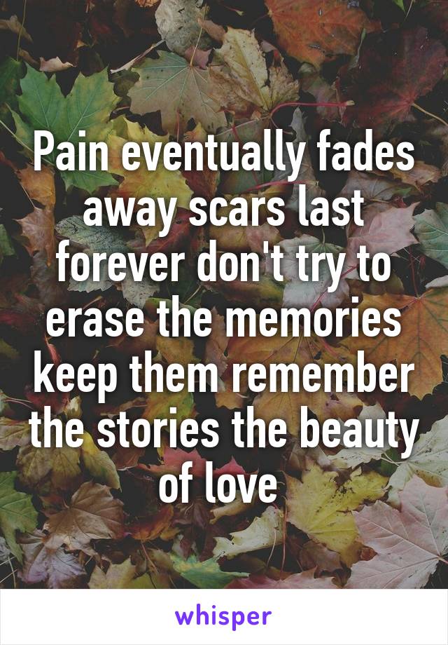 Pain eventually fades away scars last forever don't try to erase the memories keep them remember the stories the beauty of love 