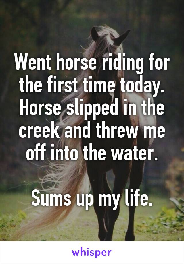 Went horse riding for the first time today.
Horse slipped in the creek and threw me off into the water.

Sums up my life.