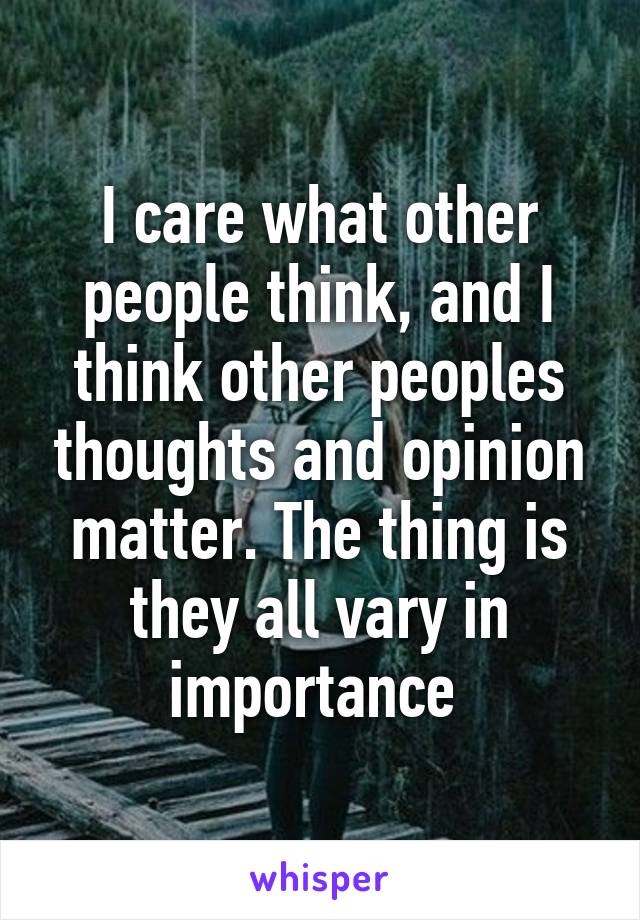 I care what other people think, and I think other peoples thoughts and opinion matter. The thing is they all vary in importance 