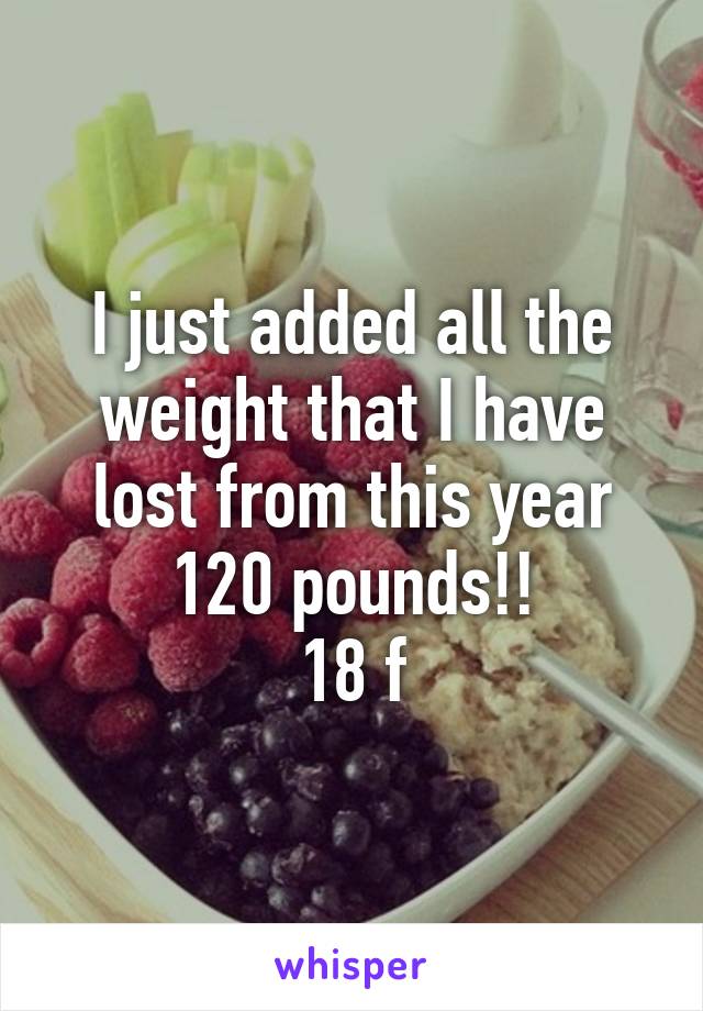 I just added all the weight that I have lost from this year 120 pounds!!
18 f