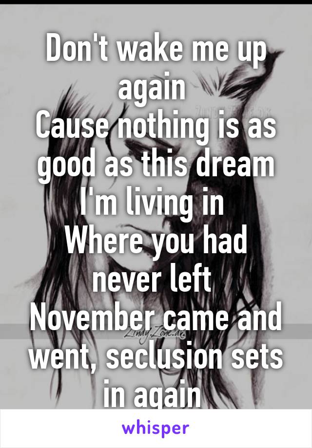 Don't wake me up again 
Cause nothing is as good as this dream I'm living in 
Where you had never left 
November came and went, seclusion sets in again 