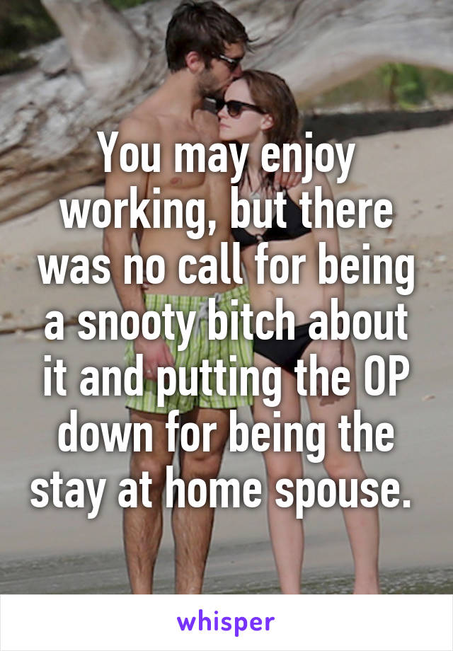 You may enjoy working, but there was no call for being a snooty bitch about it and putting the OP down for being the stay at home spouse. 