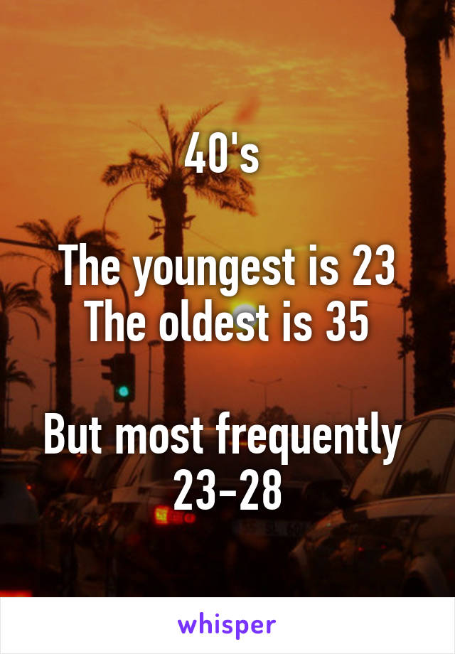 40's 

The youngest is 23
The oldest is 35

But most frequently  23-28