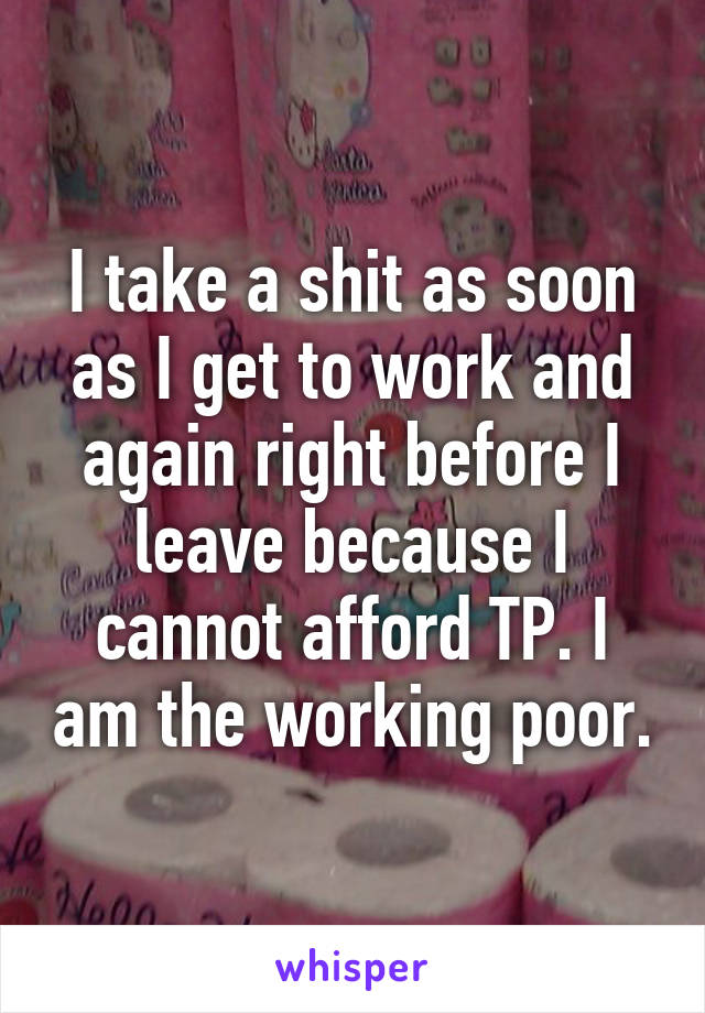 I take a shit as soon as I get to work and again right before I leave because I cannot afford TP. I am the working poor.