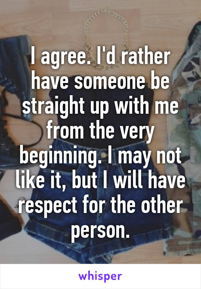 I agree. I'd rather have someone be straight up with me from the very beginning. I may not like it, but I will have respect for the other person.