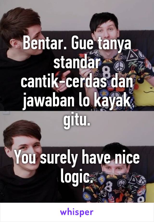 Bentar. Gue tanya standar cantik-cerdas dan jawaban lo kayak gitu.

You surely have nice logic.