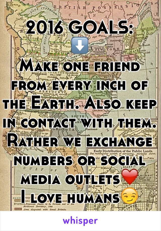 2016 GOALS:
⬇️
Make one friend from every inch of the Earth. Also keep in contact with them. Rather we exchange numbers or social media outlets❤️
I love humans😏