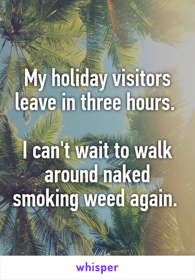 My holiday visitors leave in three hours. 

I can't wait to walk around naked smoking weed again. 