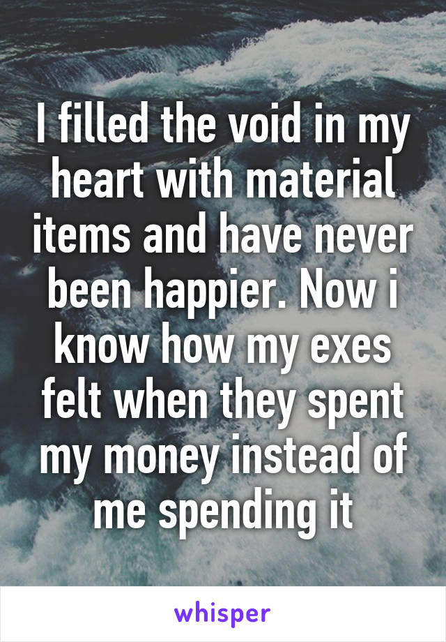 I filled the void in my heart with material items and have never been happier. Now i know how my exes felt when they spent my money instead of me spending it