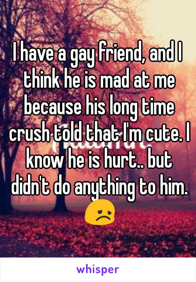 I have a gay friend, and I think he is mad at me because his long time crush told that I'm cute. I know he is hurt.. but didn't do anything to him. 😞