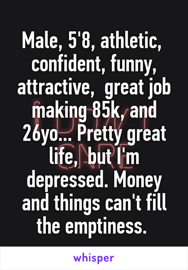 Male, 5'8, athletic,  confident, funny, attractive,  great job making 85k, and 26yo... Pretty great life,  but I'm depressed. Money and things can't fill the emptiness. 