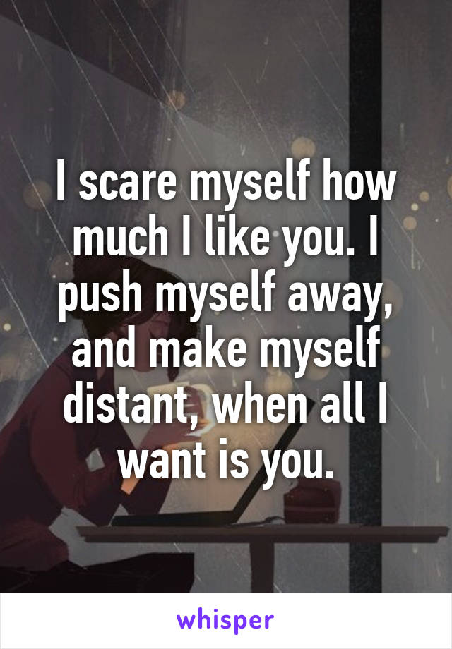 I scare myself how much I like you. I push myself away, and make myself distant, when all I want is you.