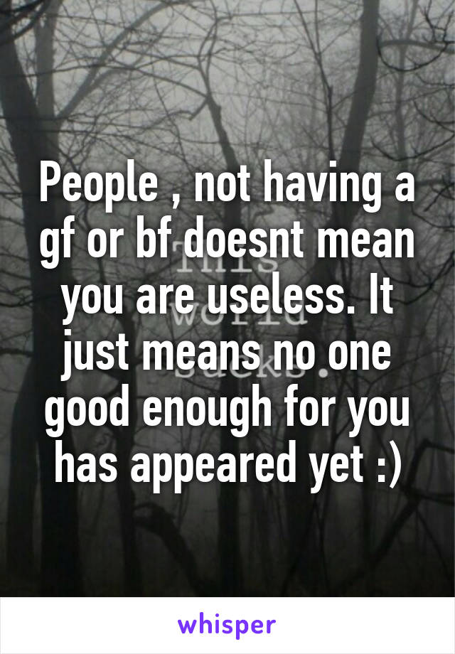 People , not having a gf or bf doesnt mean you are useless. It just means no one good enough for you has appeared yet :)