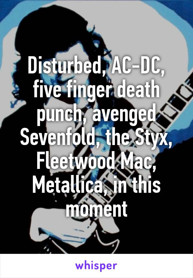 Disturbed, AC-DC, five finger death punch, avenged Sevenfold, the Styx, Fleetwood Mac, Metallica, in this moment