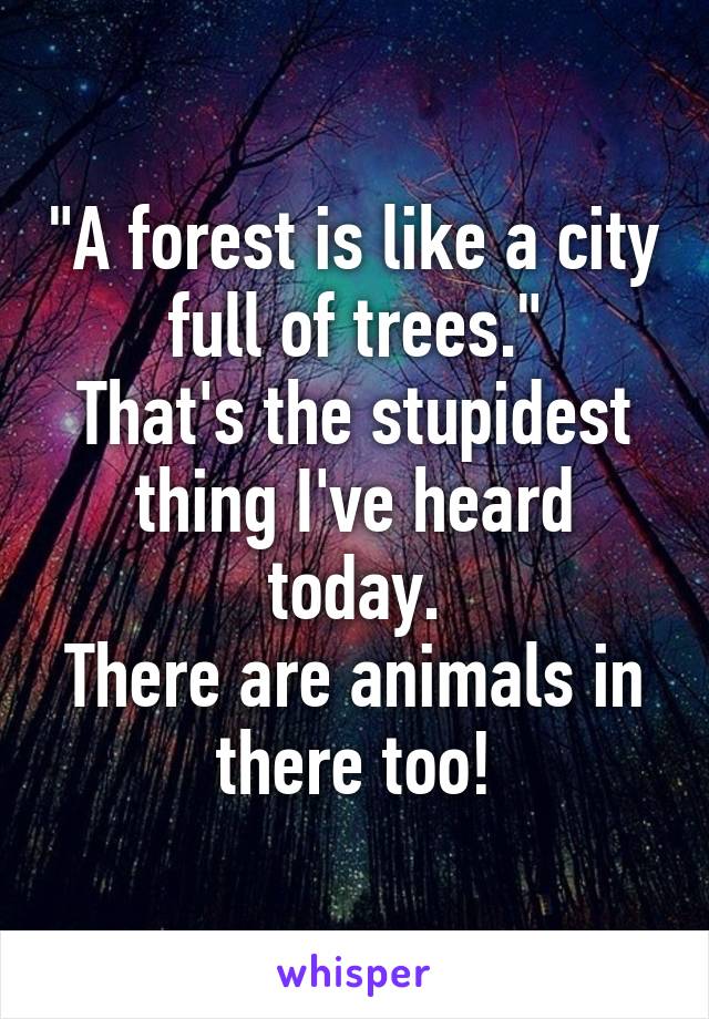 "A forest is like a city full of trees."
That's the stupidest thing I've heard today.
There are animals in there too!