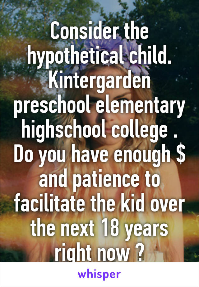 Consider the hypothetical child. Kintergarden preschool elementary highschool college . Do you have enough $ and patience to facilitate the kid over the next 18 years right now ?