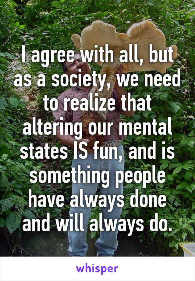 I agree with all, but as a society, we need to realize that altering our mental states IS fun, and is something people have always done and will always do.