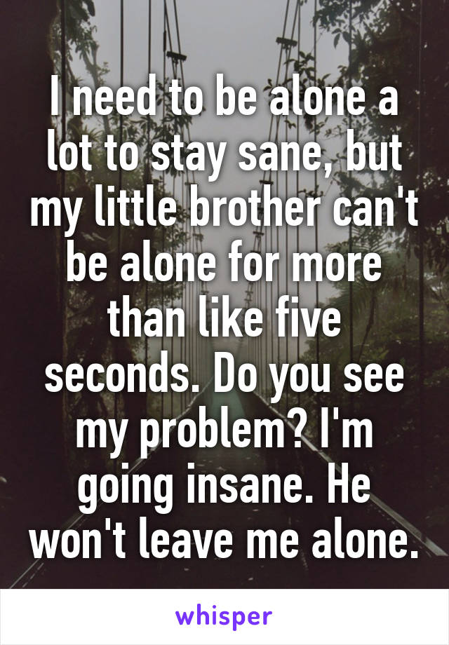 I need to be alone a lot to stay sane, but my little brother can't be alone for more than like five seconds. Do you see my problem? I'm going insane. He won't leave me alone.
