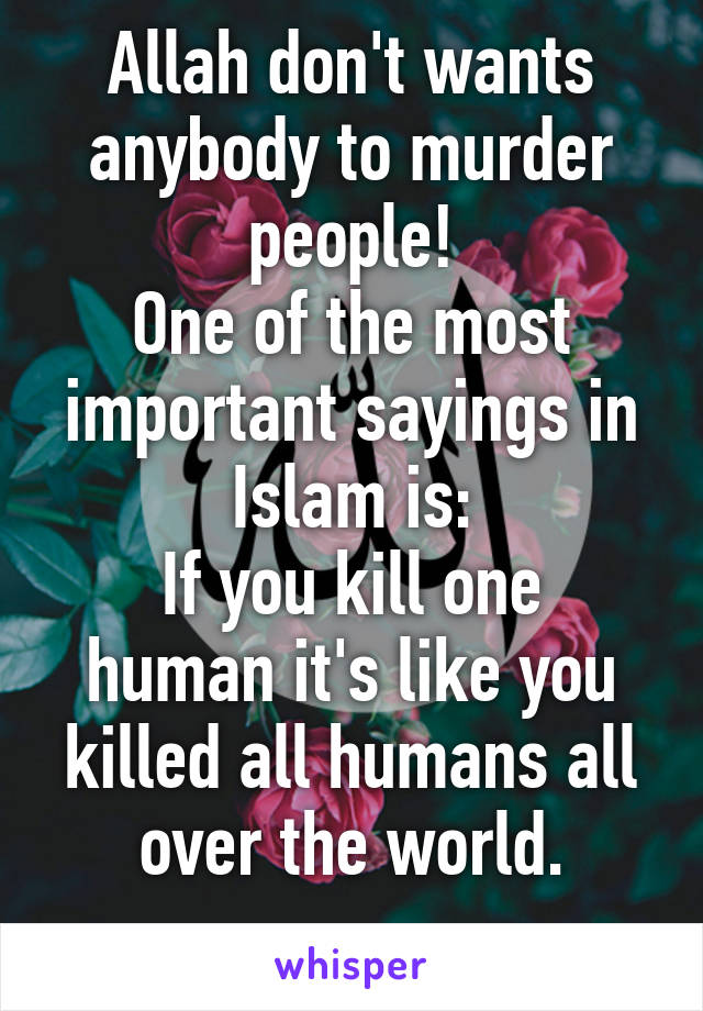 Allah don't wants anybody to murder people!
One of the most important sayings in Islam is:
If you kill one human it's like you killed all humans all over the world.
