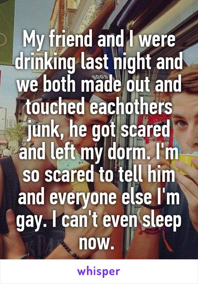 My friend and I were drinking last night and we both made out and touched eachothers junk, he got scared and left my dorm. I'm so scared to tell him and everyone else I'm gay. I can't even sleep now. 