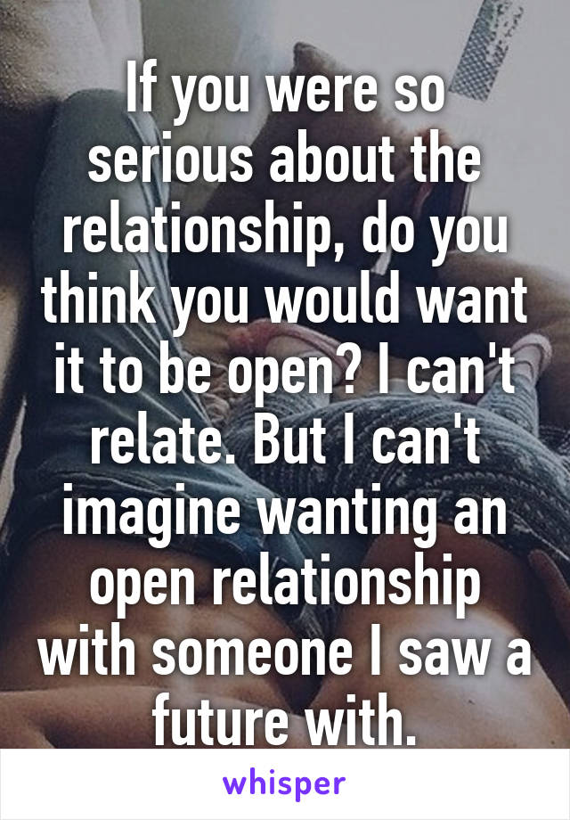 If you were so serious about the relationship, do you think you would want it to be open? I can't relate. But I can't imagine wanting an open relationship with someone I saw a future with.