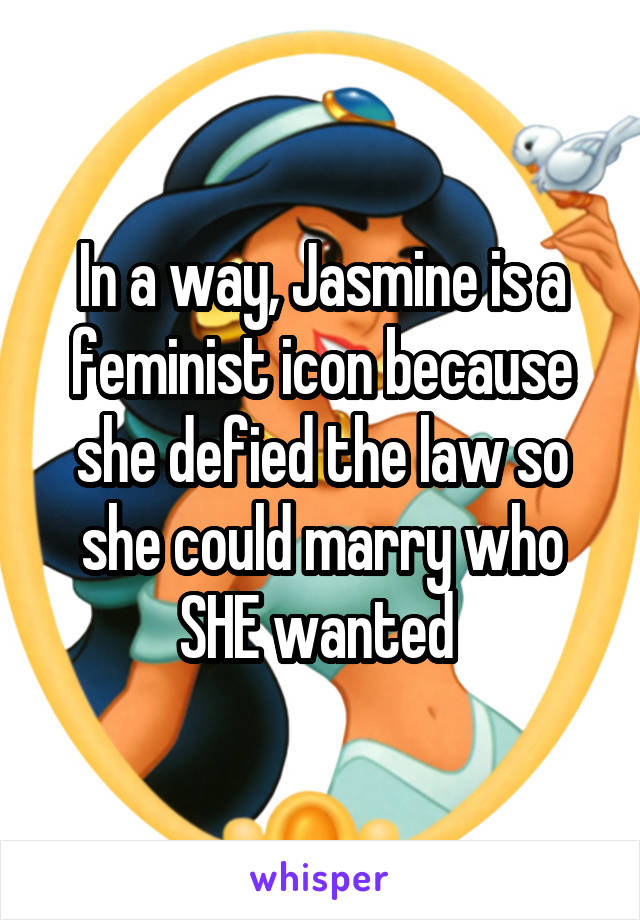 In a way, Jasmine is a feminist icon because she defied the law so she could marry who SHE wanted 