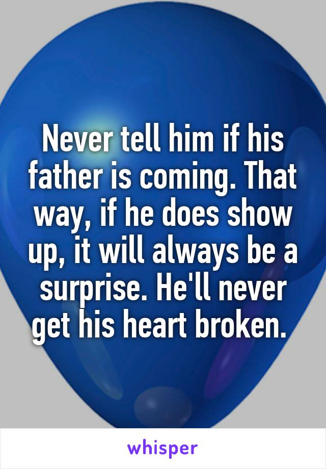 Never tell him if his father is coming. That way, if he does show up, it will always be a surprise. He'll never get his heart broken. 