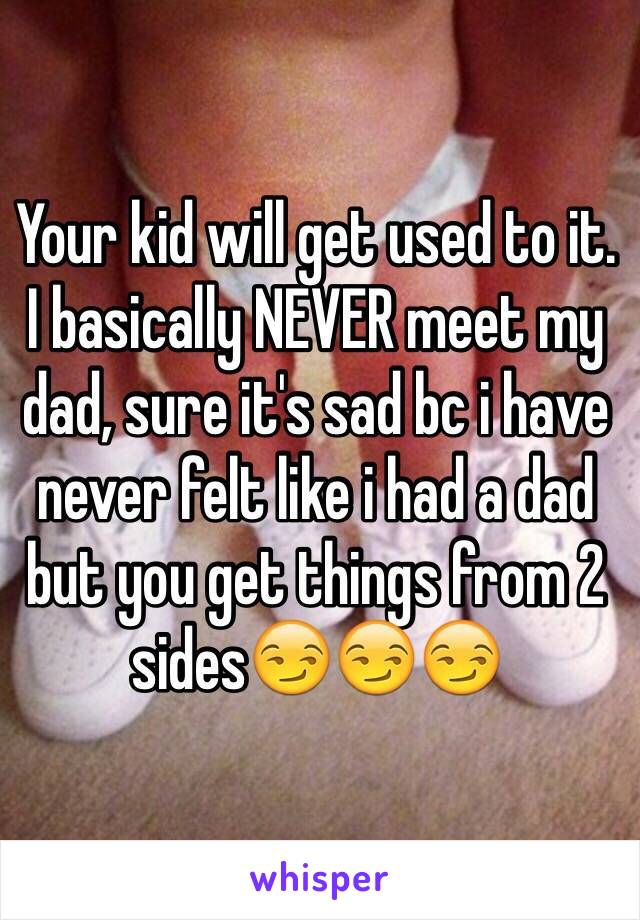 Your kid will get used to it.
I basically NEVER meet my dad, sure it's sad bc i have never felt like i had a dad but you get things from 2 sides😏😏😏