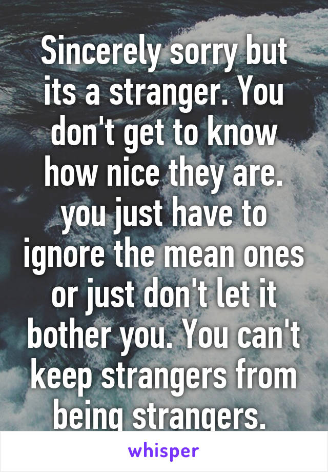 Sincerely sorry but its a stranger. You don't get to know how nice they are. you just have to ignore the mean ones or just don't let it bother you. You can't keep strangers from being strangers. 