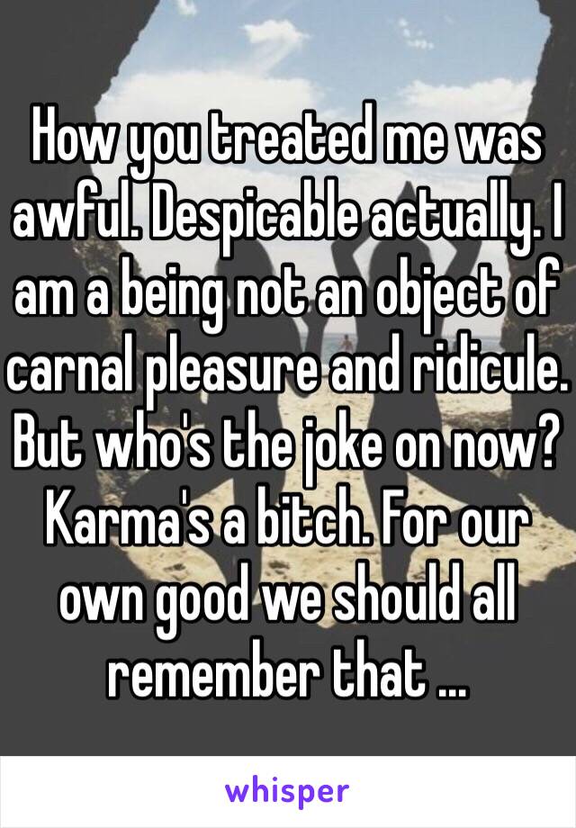 How you treated me was awful. Despicable actually. I am a being not an object of carnal pleasure and ridicule. But who's the joke on now? Karma's a bitch. For our own good we should all remember that …