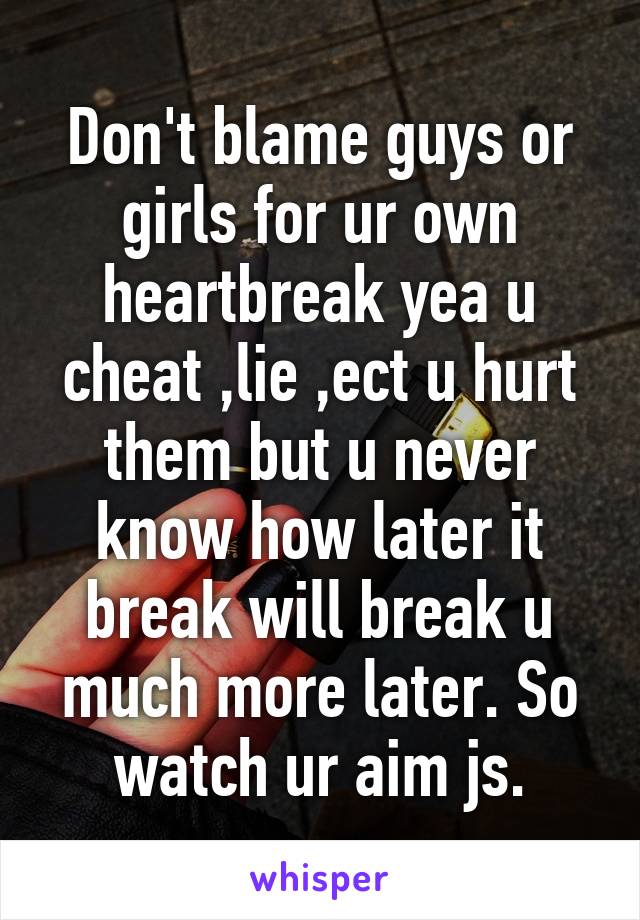 Don't blame guys or girls for ur own heartbreak yea u cheat ,lie ,ect u hurt them but u never know how later it break will break u much more later. So watch ur aim js.