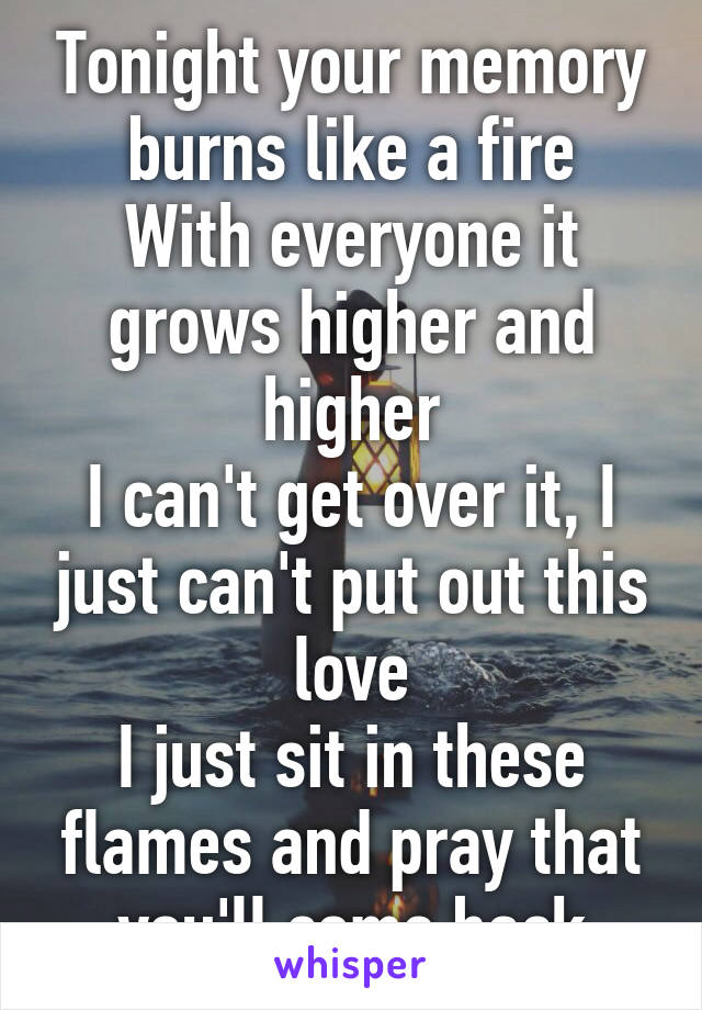 Tonight your memory burns like a fire
With everyone it grows higher and higher
I can't get over it, I just can't put out this love
I just sit in these flames and pray that you'll come back