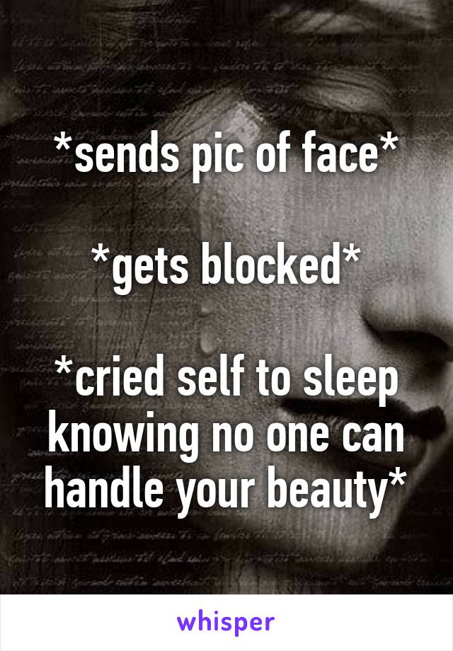 *sends pic of face*

*gets blocked*

*cried self to sleep knowing no one can handle your beauty*