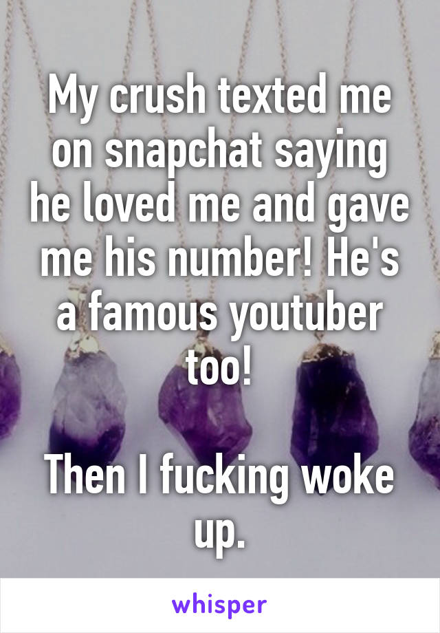 My crush texted me on snapchat saying he loved me and gave me his number! He's a famous youtuber too!

Then I fucking woke up.