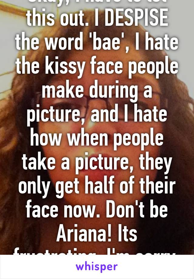 Okay, I have to let this out. I DESPISE the word 'bae', I hate the kissy face people make during a picture, and I hate how when people take a picture, they only get half of their face now. Don't be Ariana! Its frustrating. I'm sorry, ranting over.