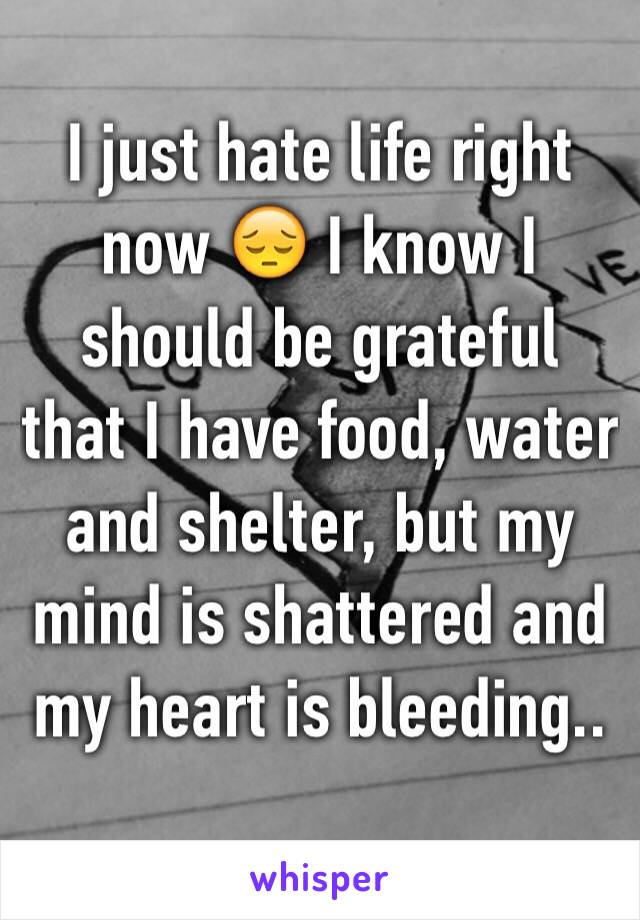 I just hate life right now 😔 I know I should be grateful that I have food, water and shelter, but my mind is shattered and my heart is bleeding..